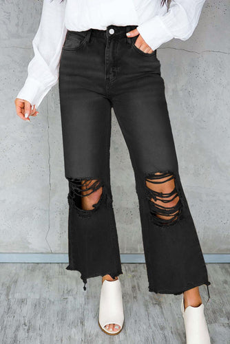 Black Distressed Hollow Out High Waist Flare Jeans - The Luminous Palace
